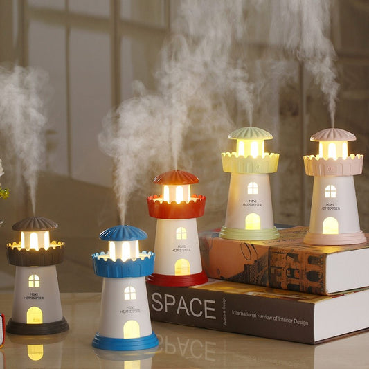 Home Lighthouse Humidifier – Mini USB Ultrasonic Air Humidifier with LED Night Light & Aromatherapy Feature
