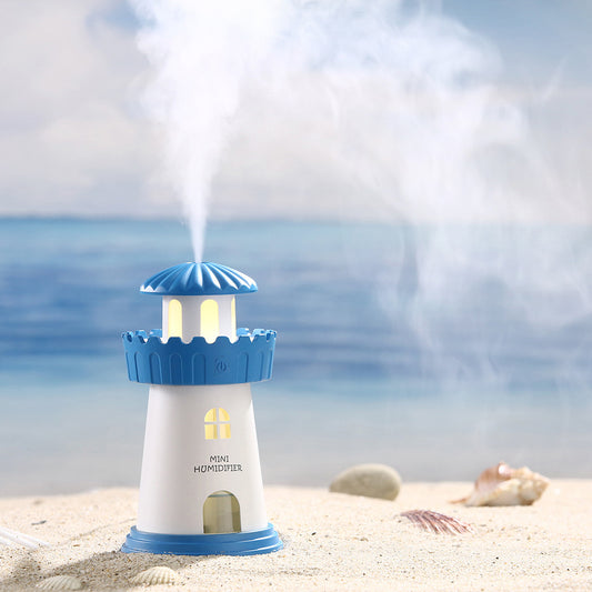 Home Lighthouse Humidifier – Mini USB Ultrasonic Air Humidifier with LED Night Light & Aromatherapy Feature
